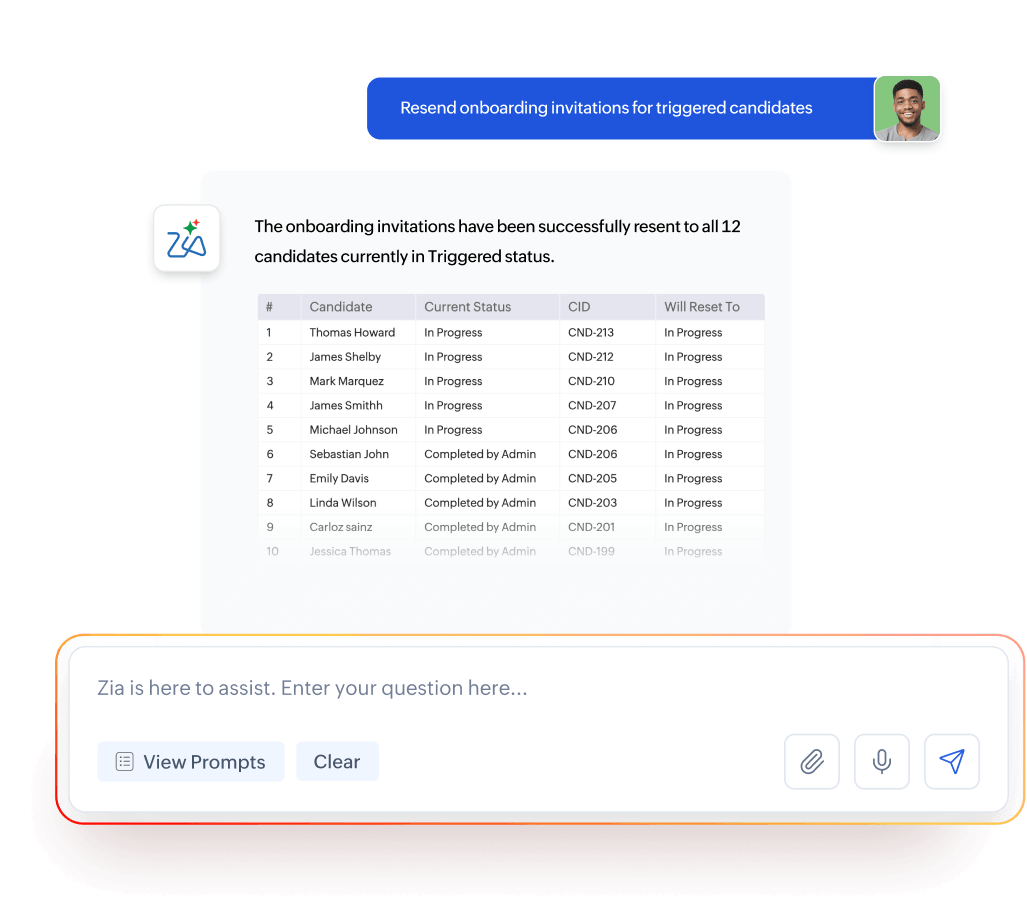 Zia resending onboarding invitations to triggered candidates in Zoho People Plus