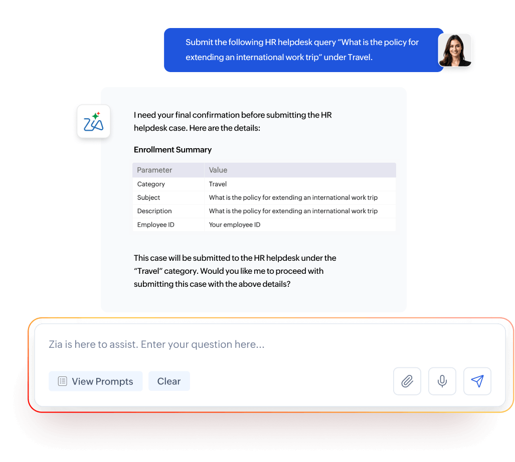 Zia submitting an HR helpdesk query in Zoho People Plus