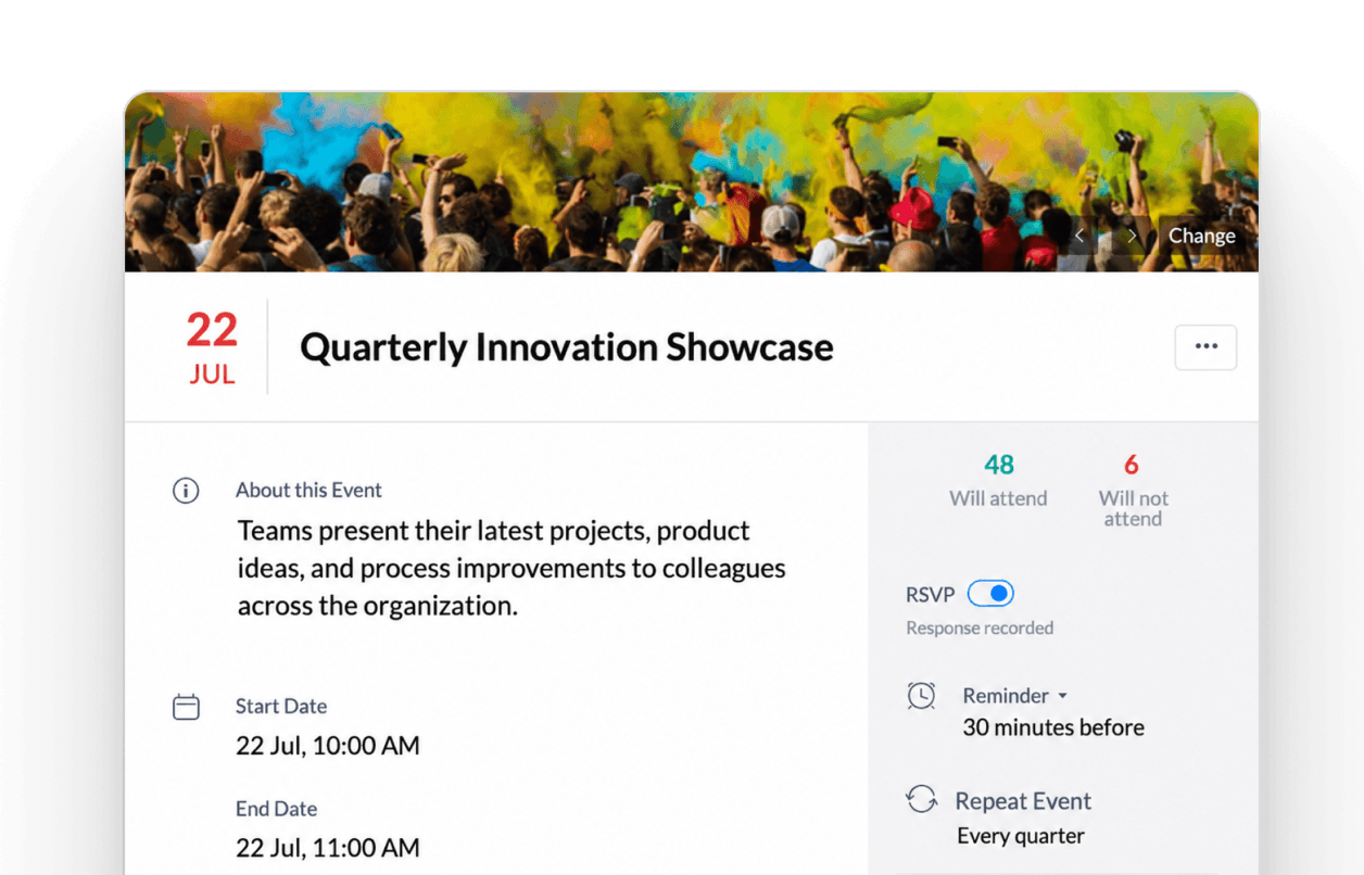 Company event page with RSVP details in Zoho People Plus