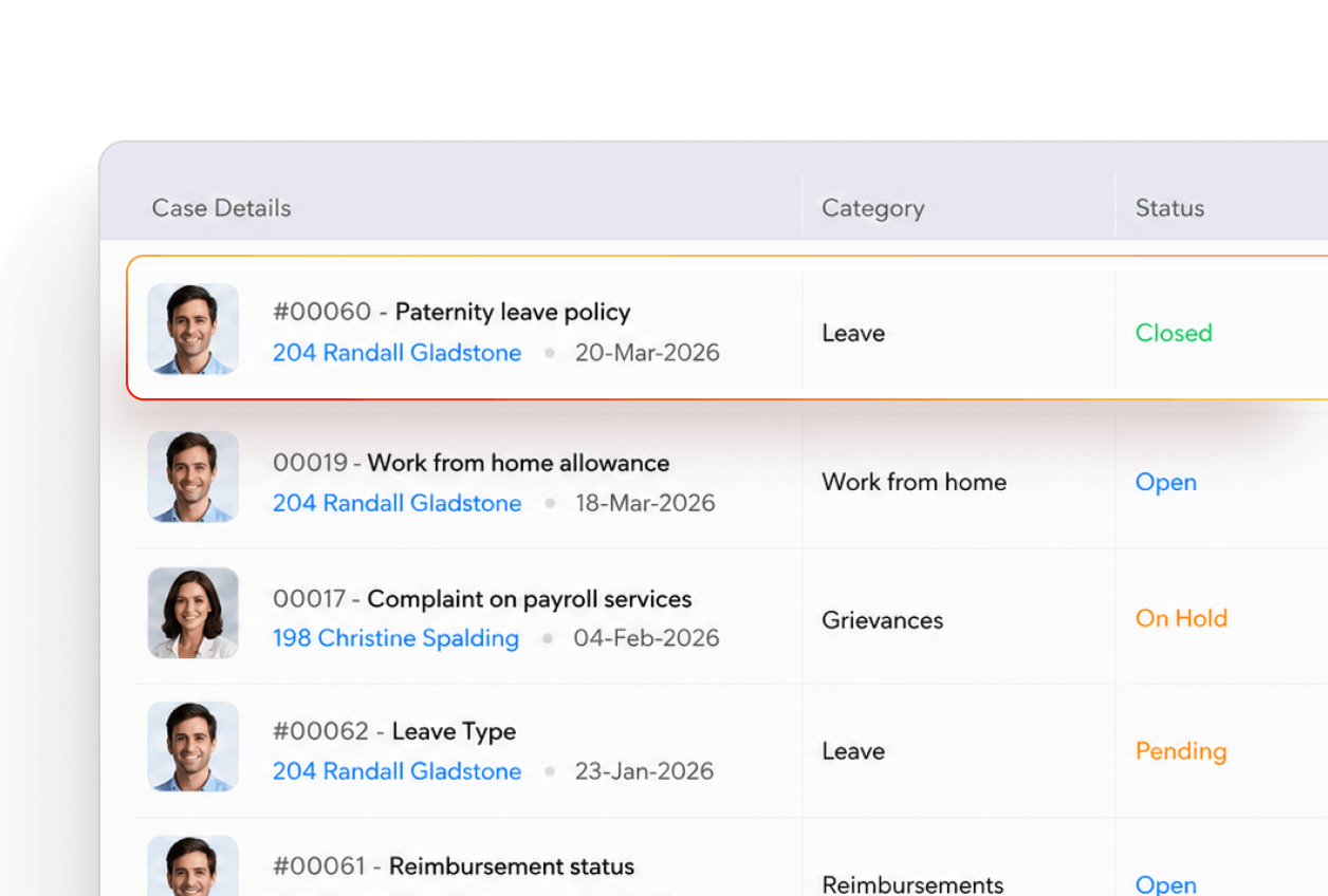 HR case management queue with categories and statuses in Zoho People Plus