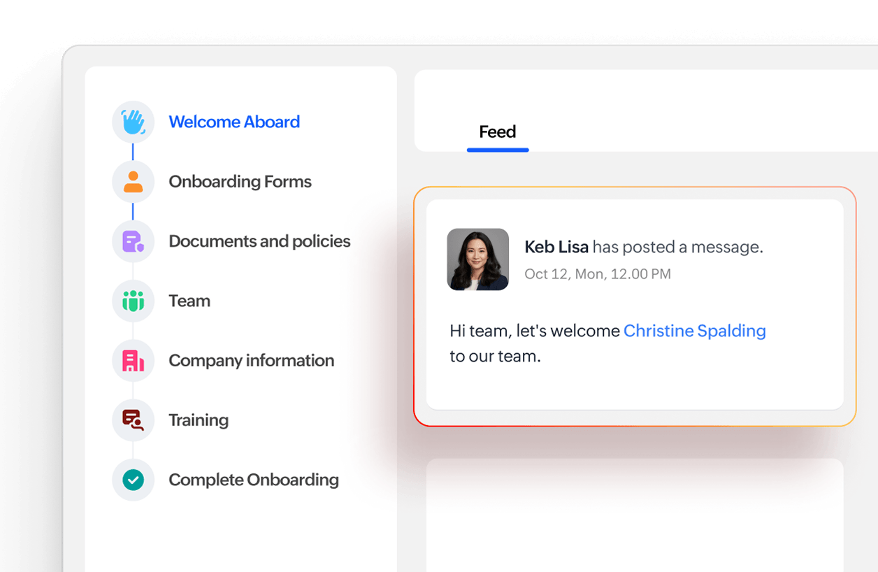 New-hire onboarding checklist and welcome feed in Zoho People Plus
