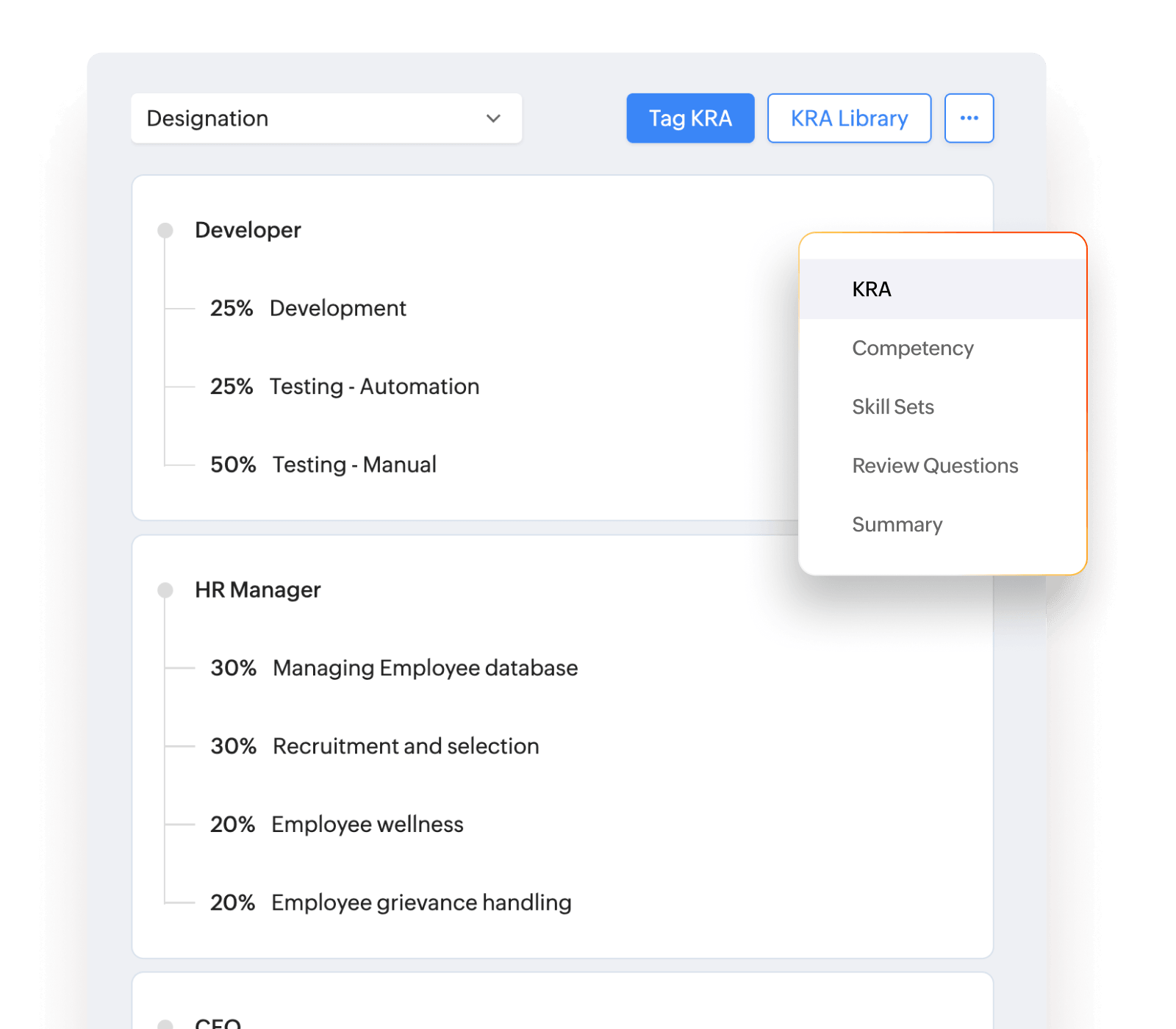 Key result areas feature interface