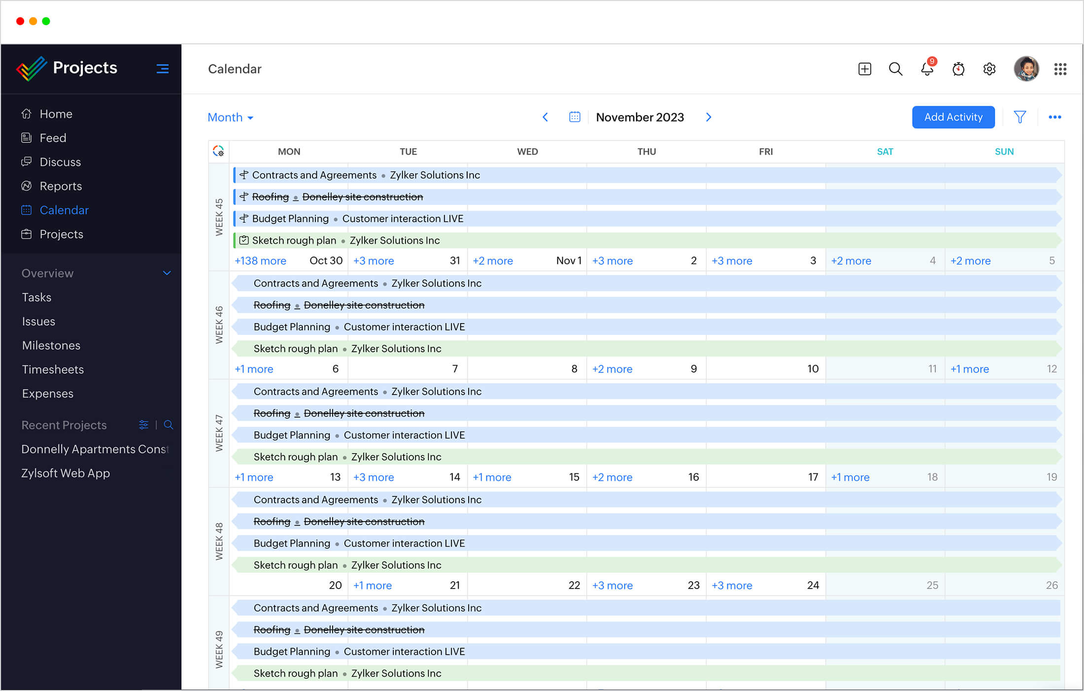 Calendario para gestionar programaciones de proyectos