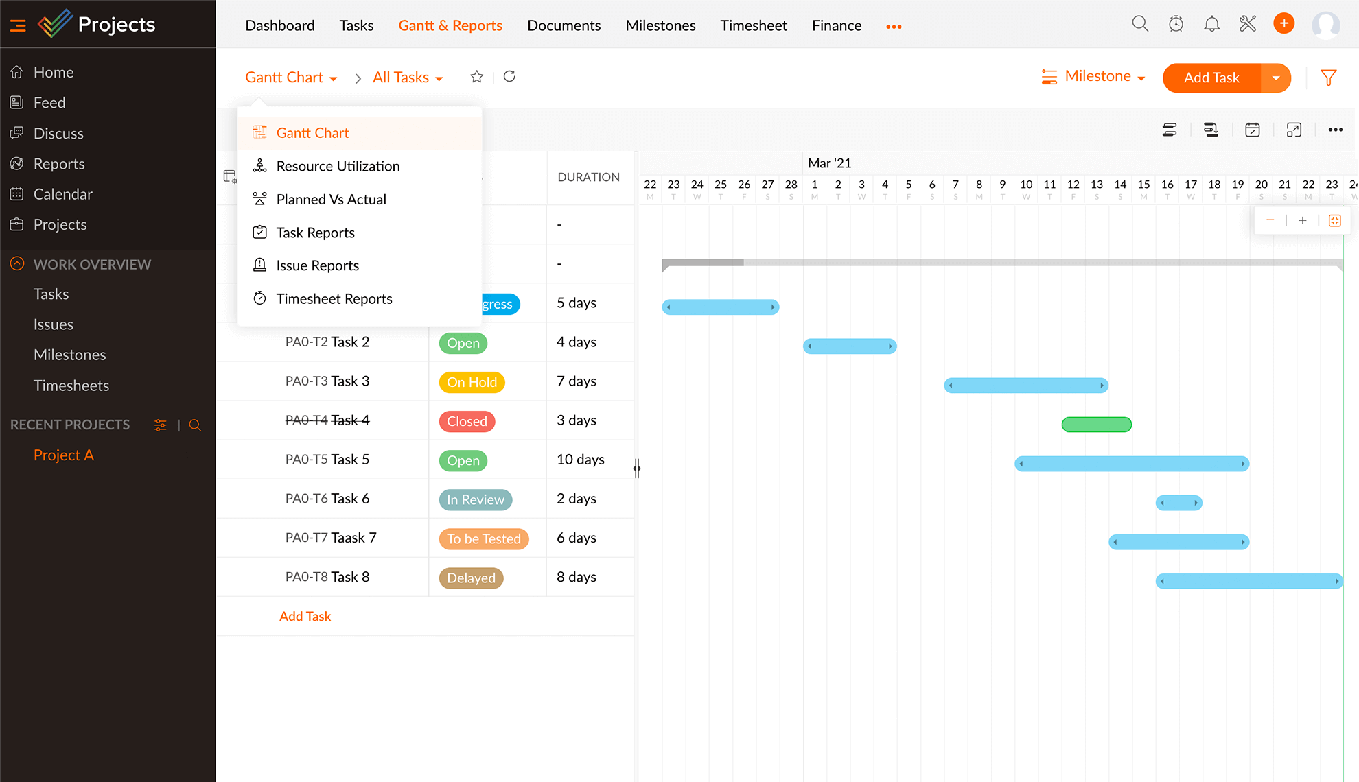 Zu Gantt-Diagramme und Berichte wechseln – Zoho Projects