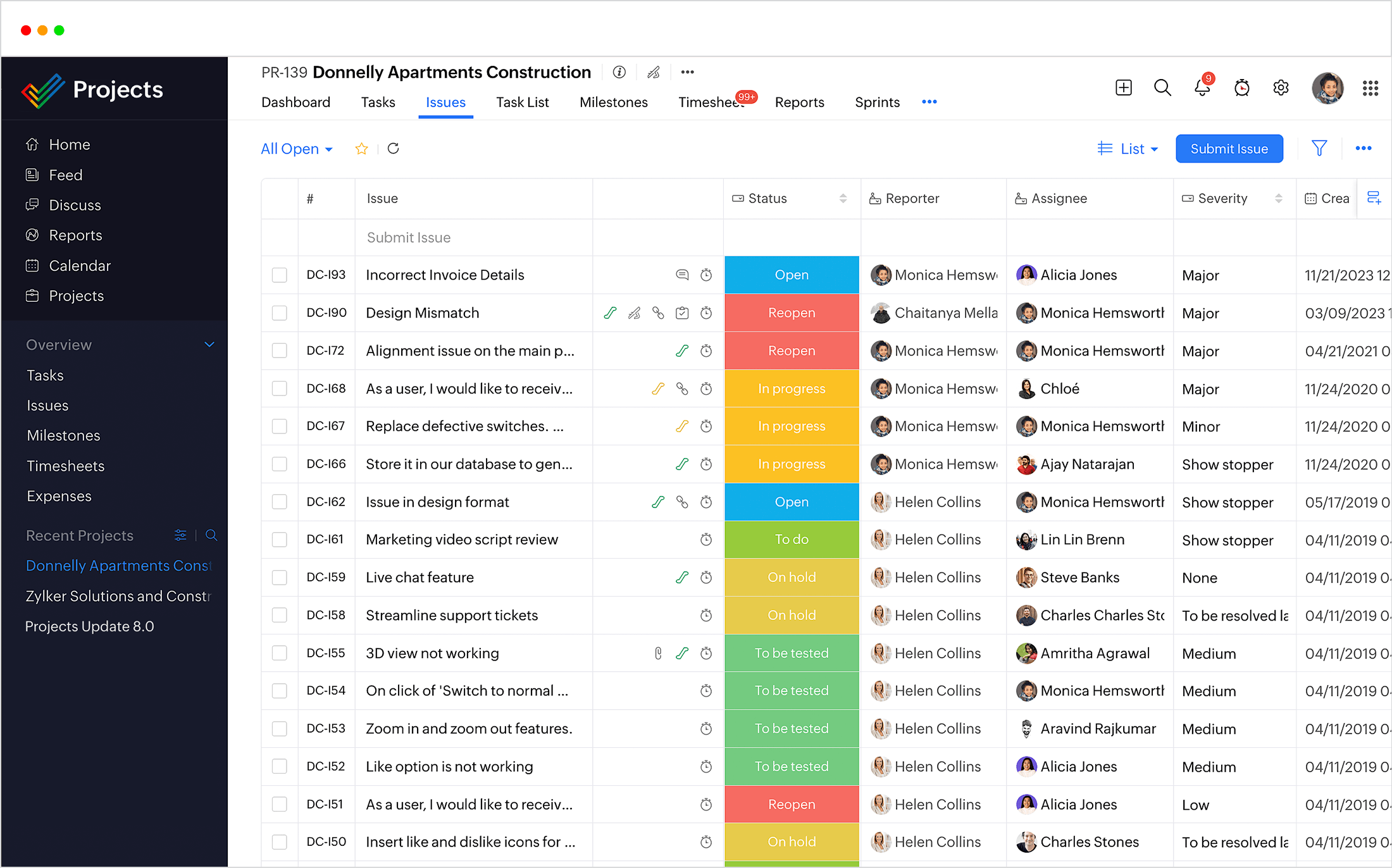 Registre problemas e bugs - Zoho Projects