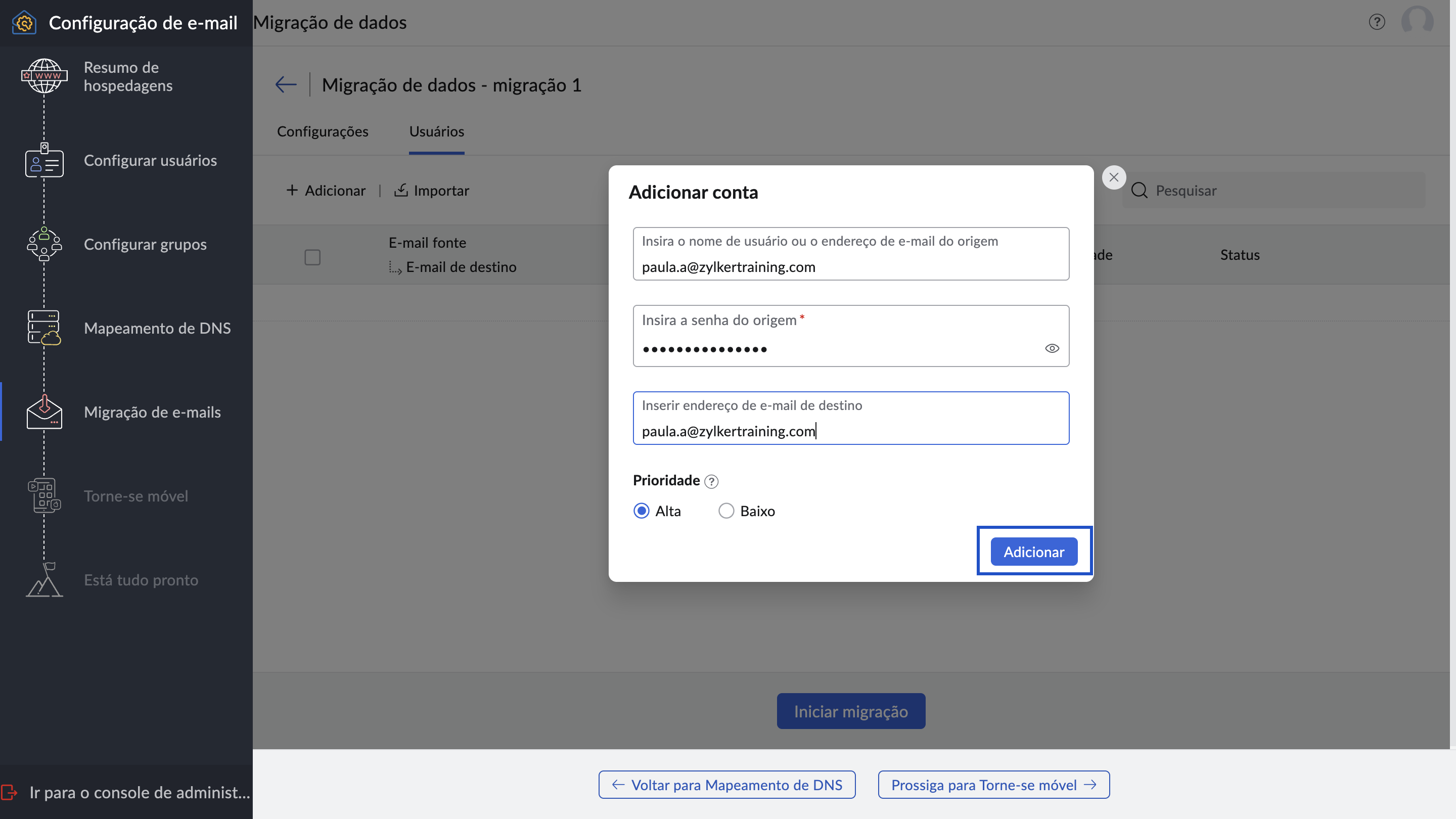 Adicionar contas para migração