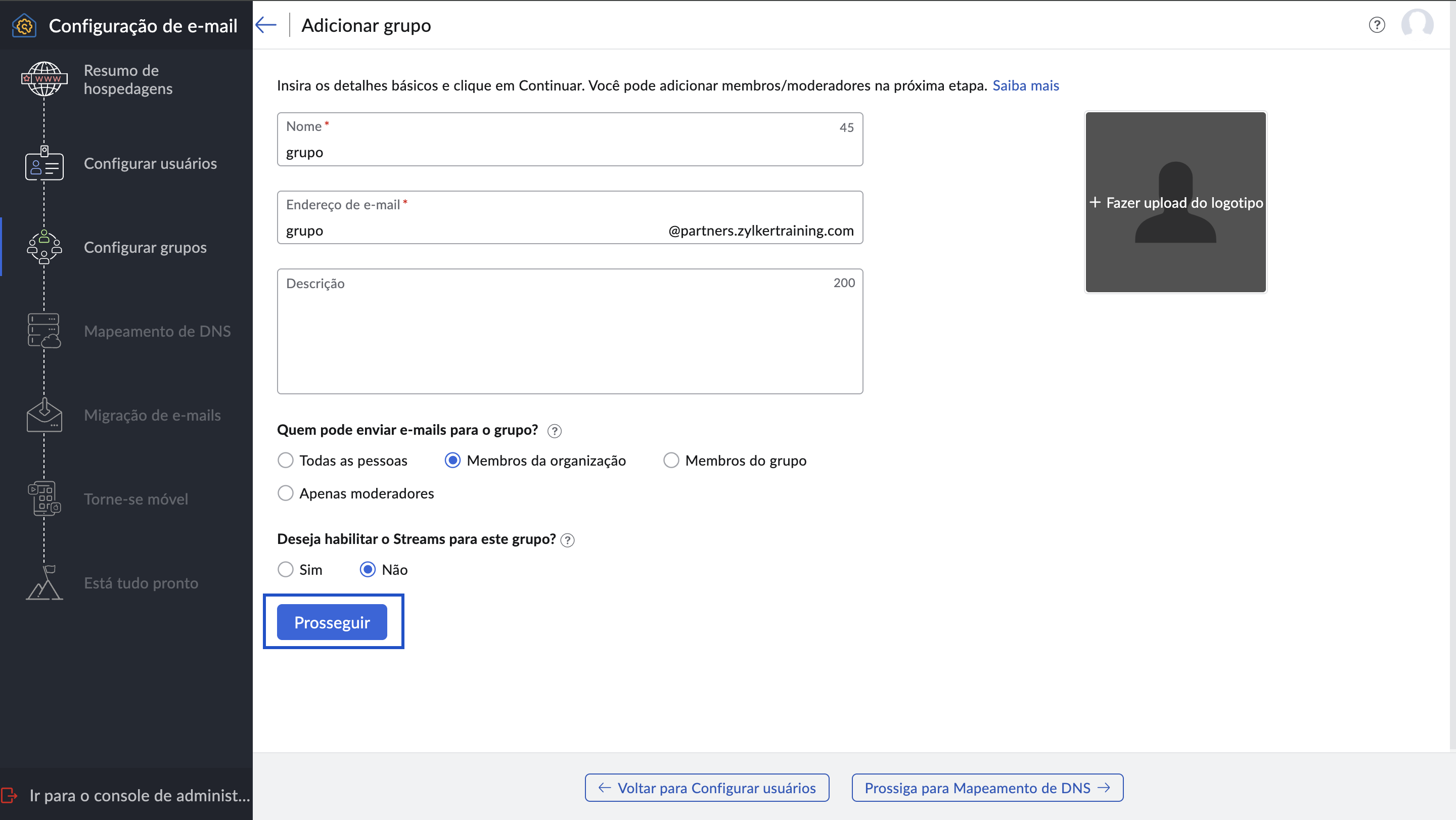 Fornecer os detalhes básicos do grupo