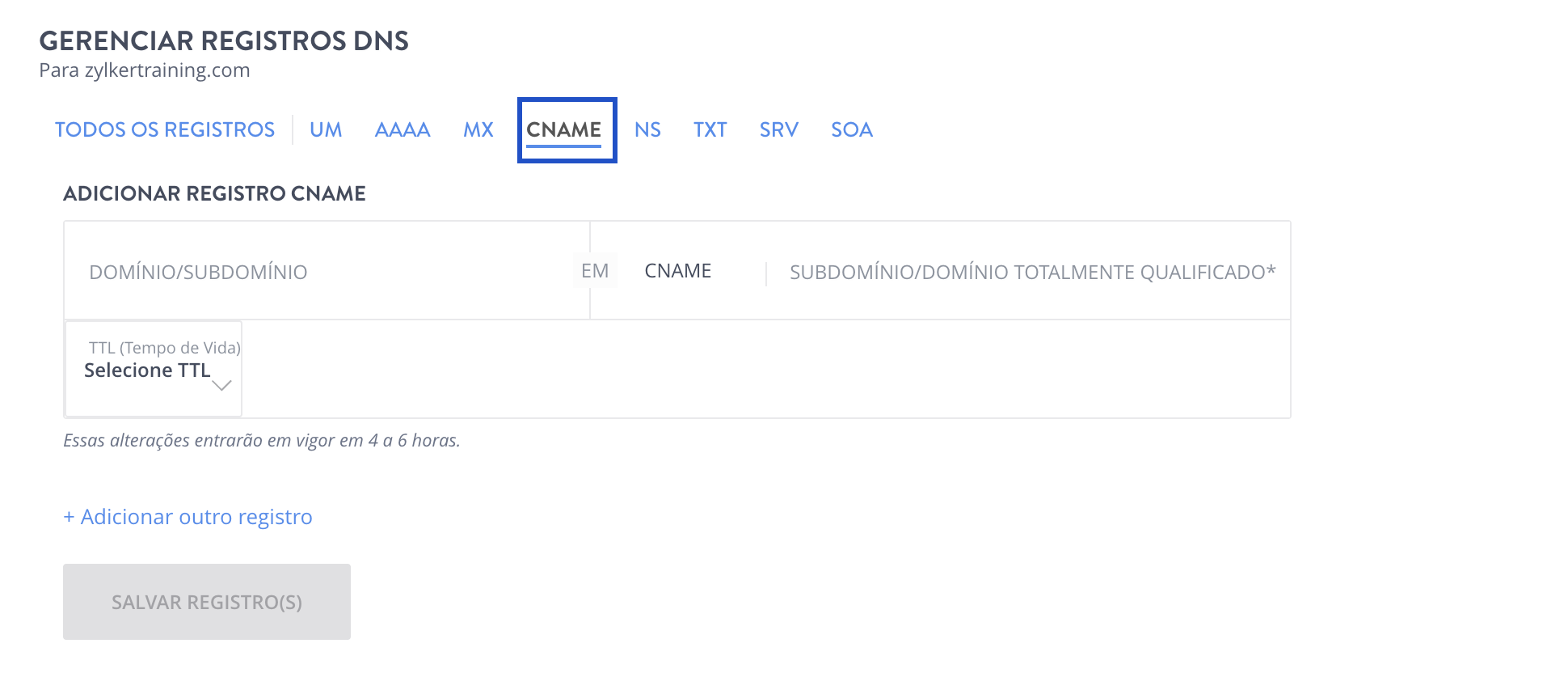 Adicionar o registro CNAME na página de registro DNS