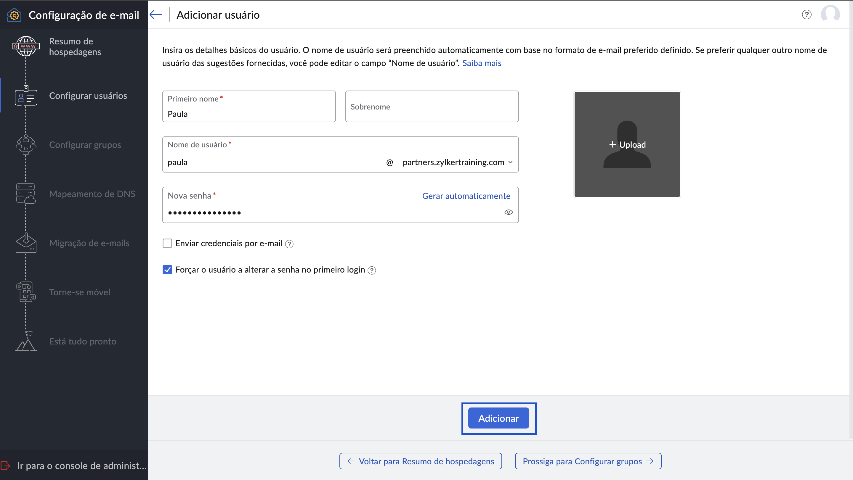 Inserir os detalhes do usuário