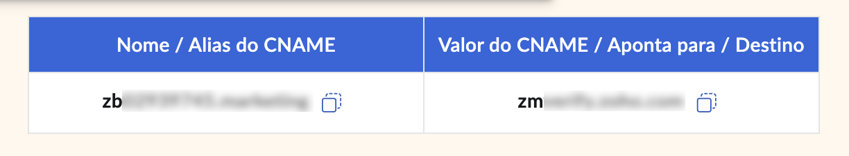 Copiar o valor CNAME
