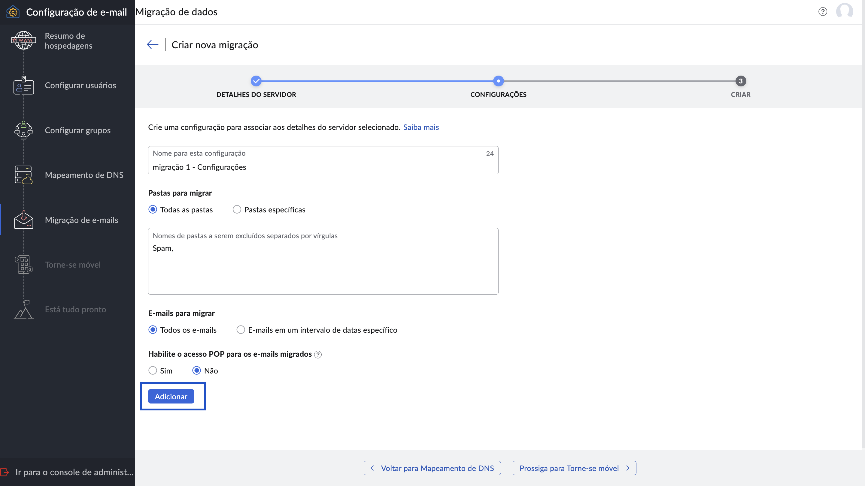 Criar configurações de migração
