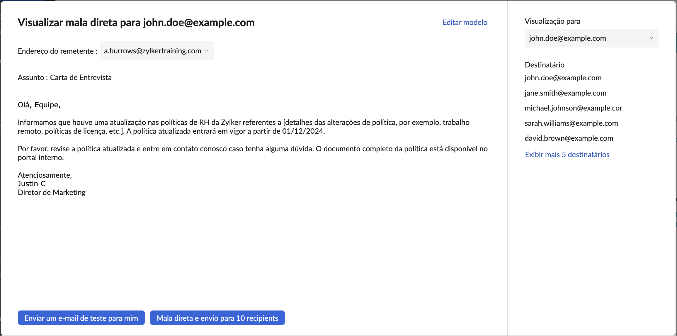 janela de visualização de e-mail
