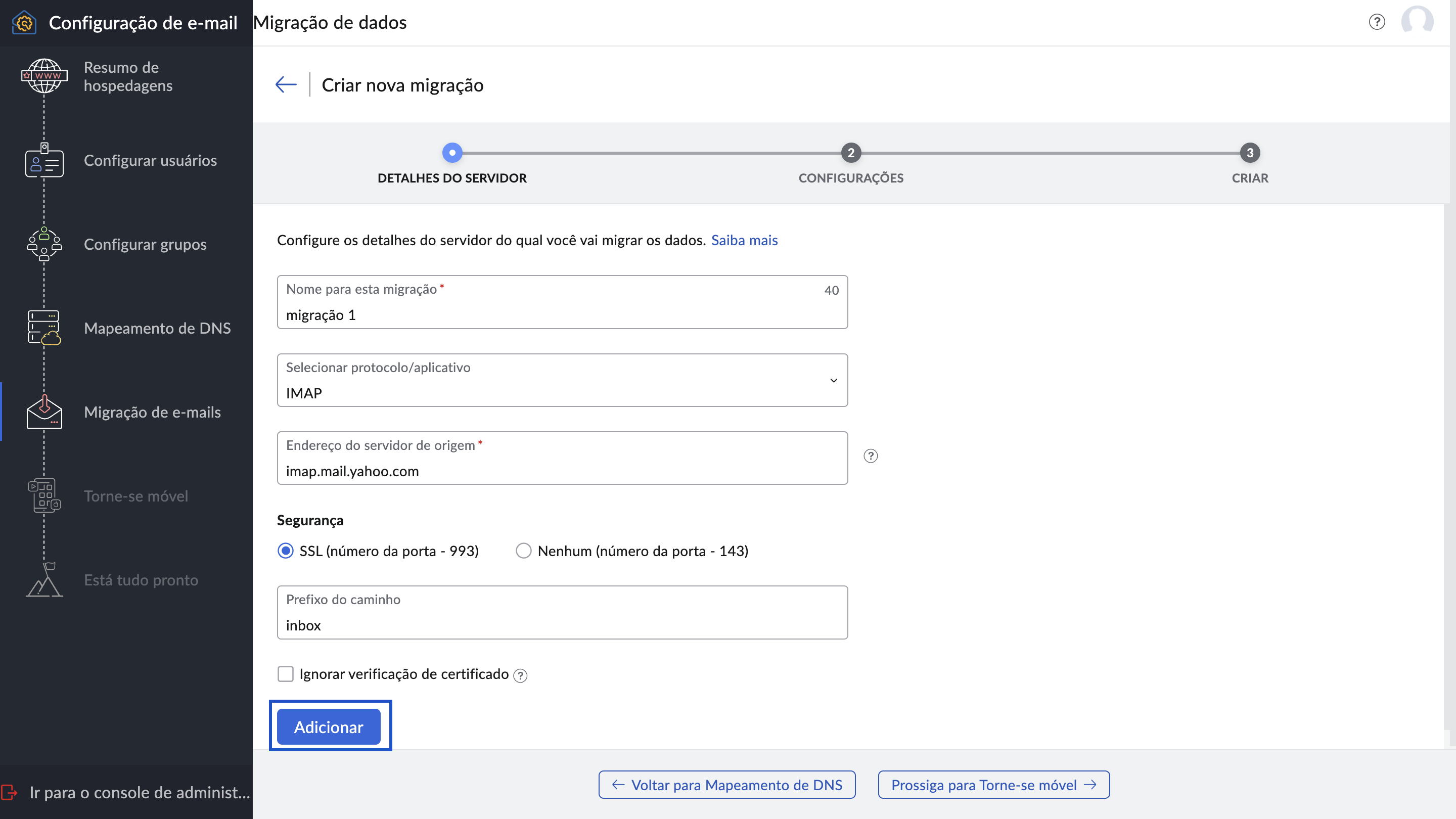 Selecionar protocolo/aplicativo