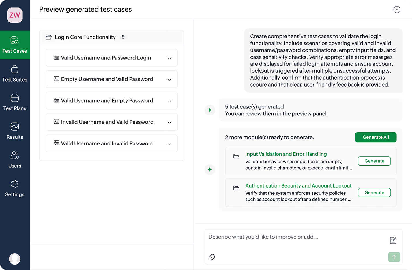 QEngine AI preview panel generating Login Core Functionality test cases including valid and invalid login scenarios