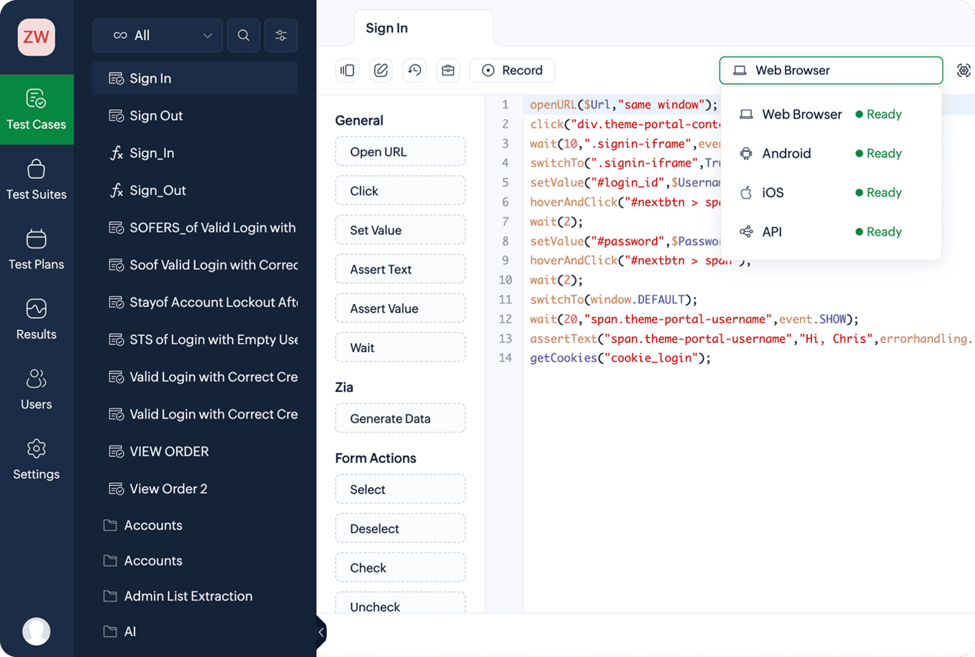 QEngine test editor with platform selector showing Web Browser, Android, iOS, and API options