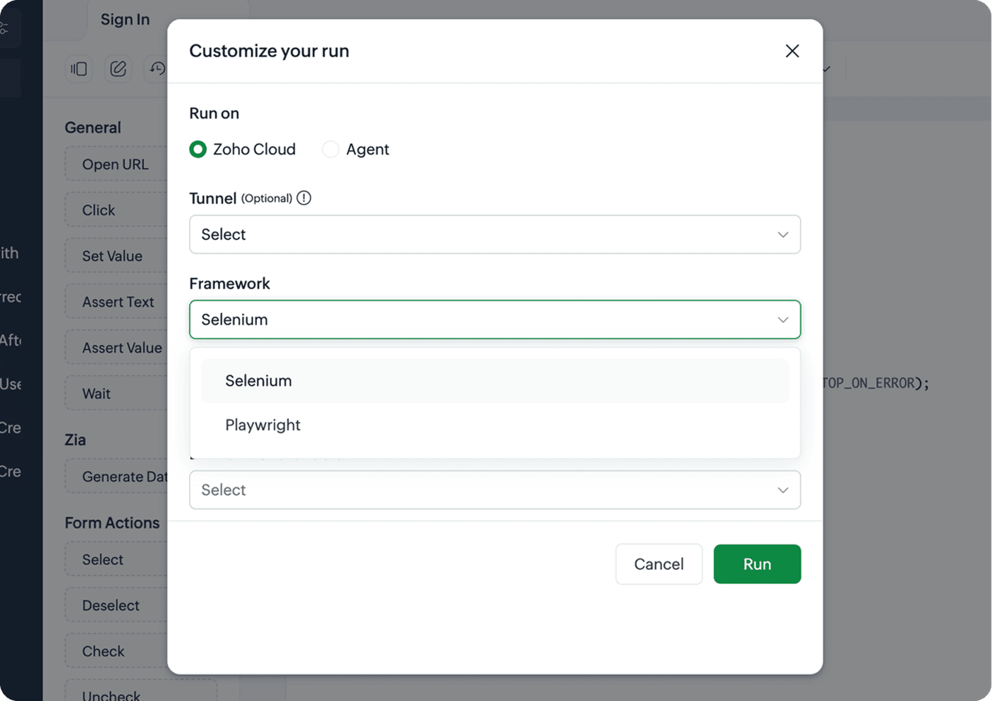 QEngine Customize your run dialog showing Zoho Cloud and Agent execution options with Selenium and Playwright frameworks