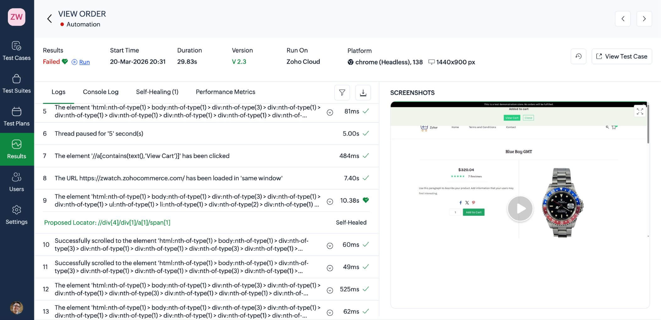 Zoho QEngine self-healing AI automatically identifying and fixing a broken locator when the UI changes