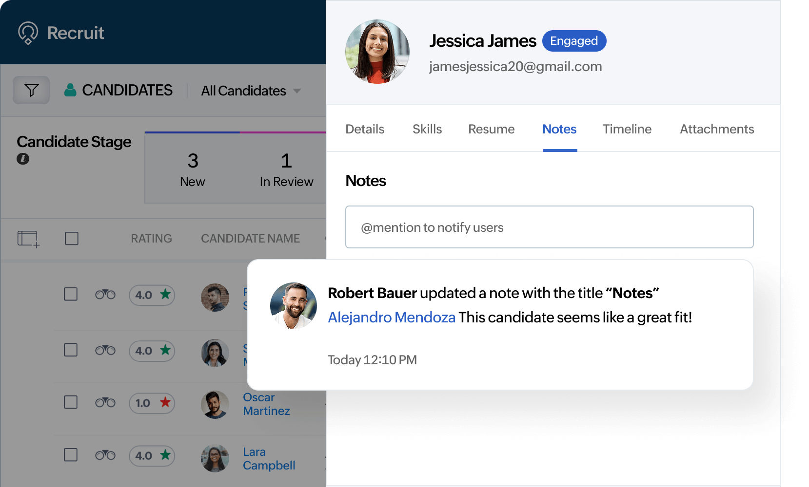 Create notes and tag teammates on candidates or job openings