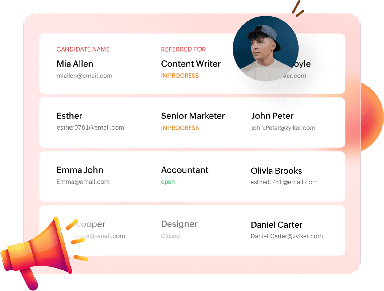 Employee referral in Zoho Recruit to track referrals from start to hire