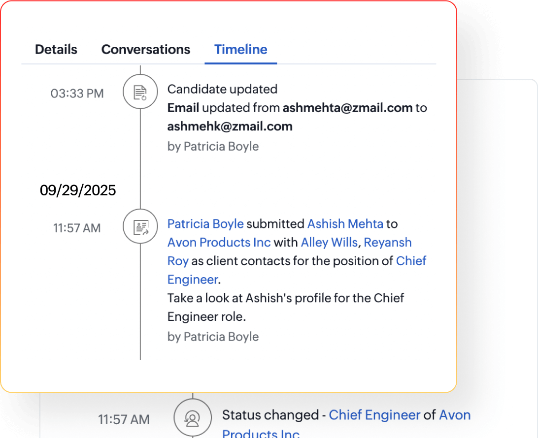 View candidate details, conversations, timelines, and pipeline stages in one inbox