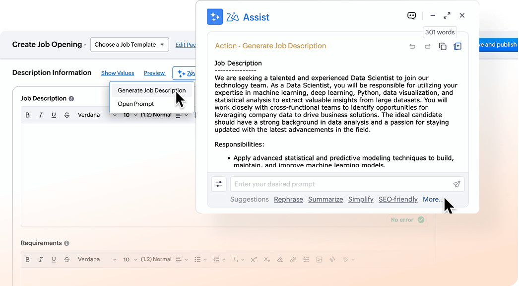 AI-assisted outreach, from generating SEO-friendly job descriptions to emails and more.