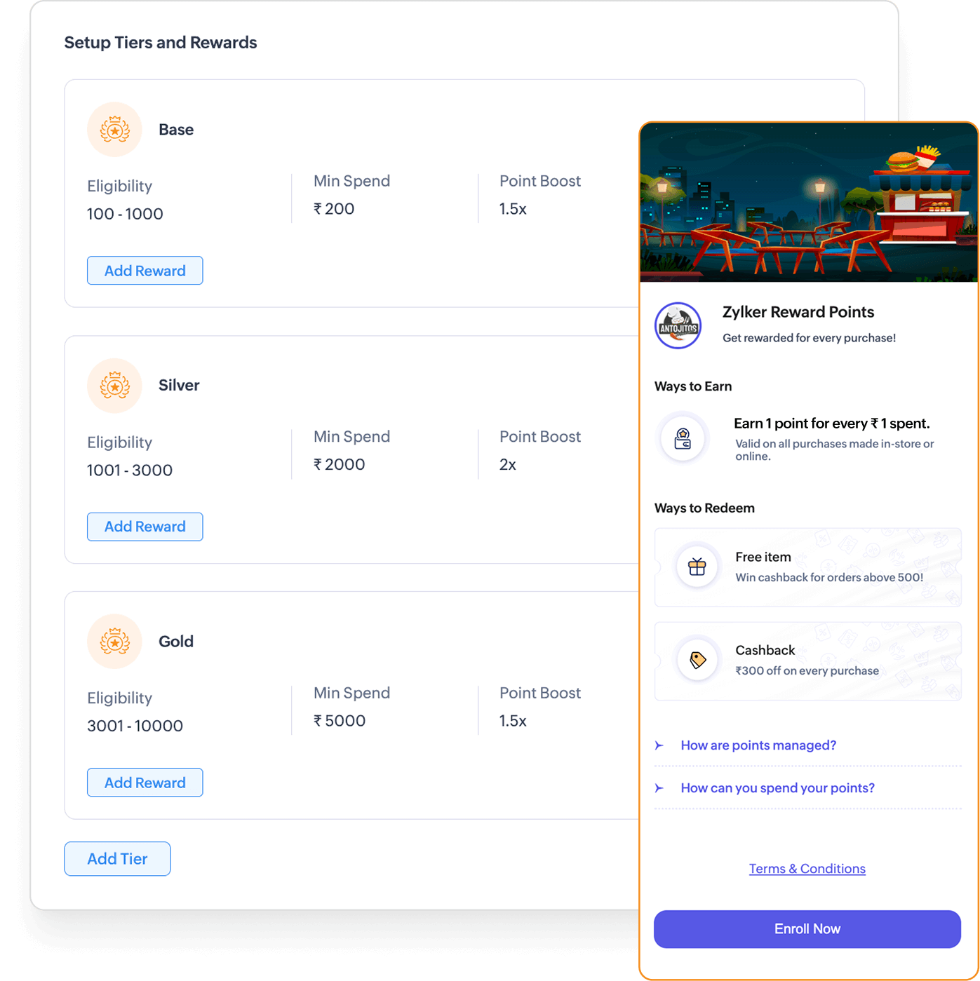 Setup Tiers and Rewards interface showing Base, Silver, and Gold tier configuration with Zylker Reward Points enrollment