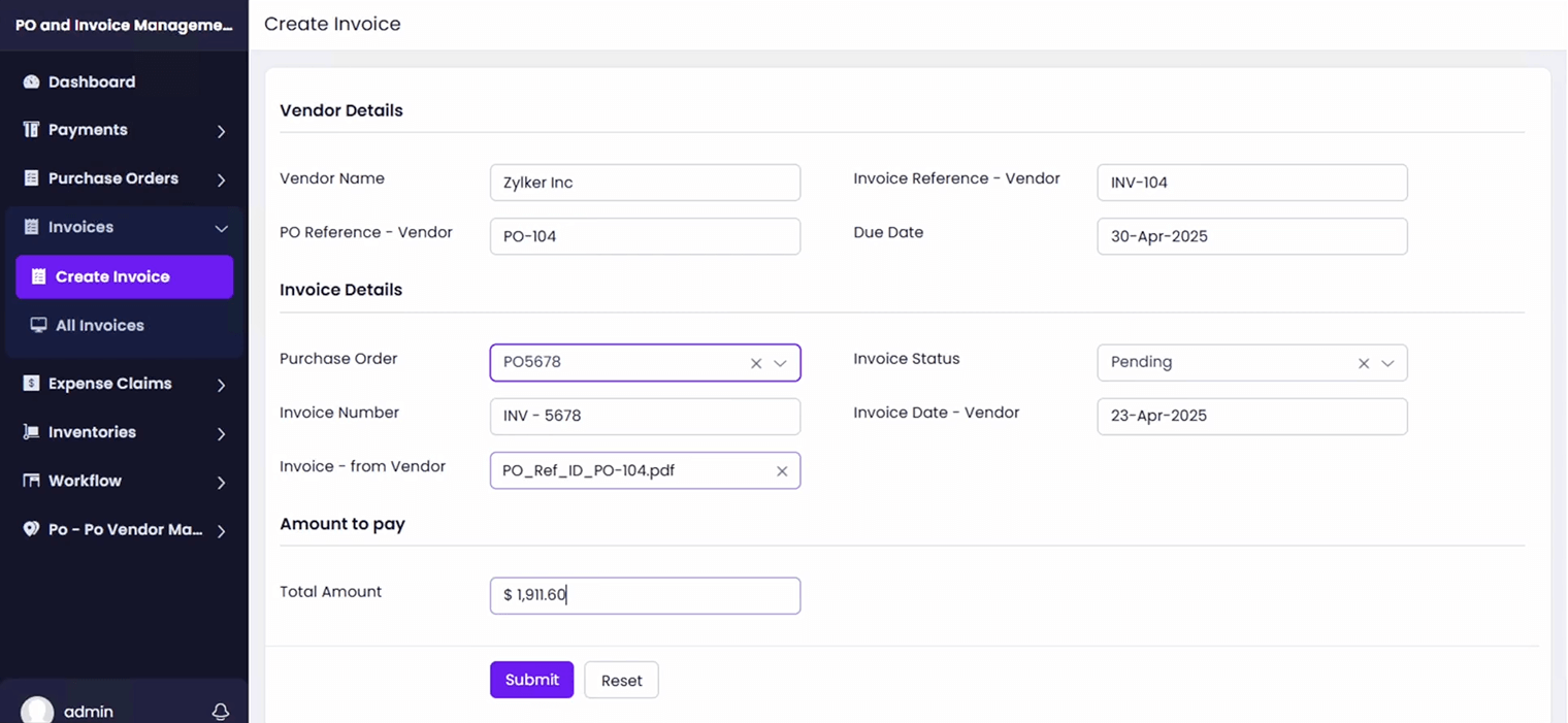 PO and Invoice management dashboard