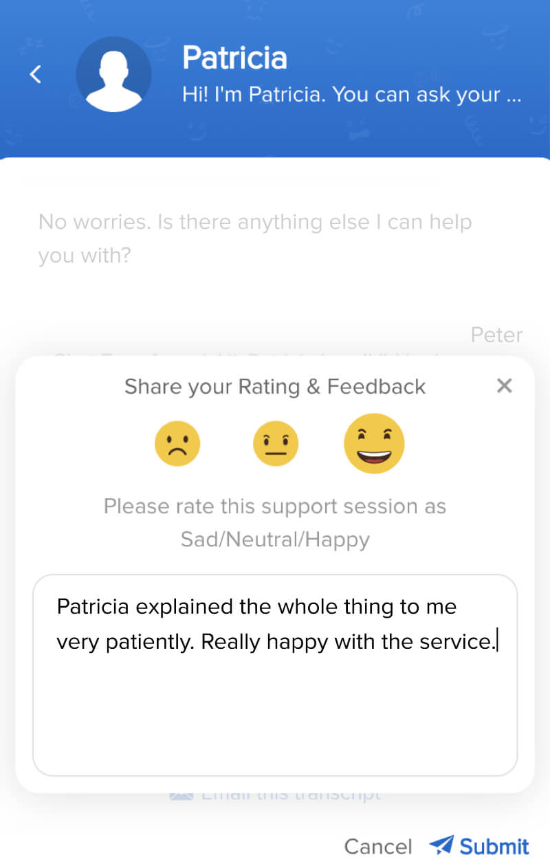 Classificação do chat e feedback do cliente
