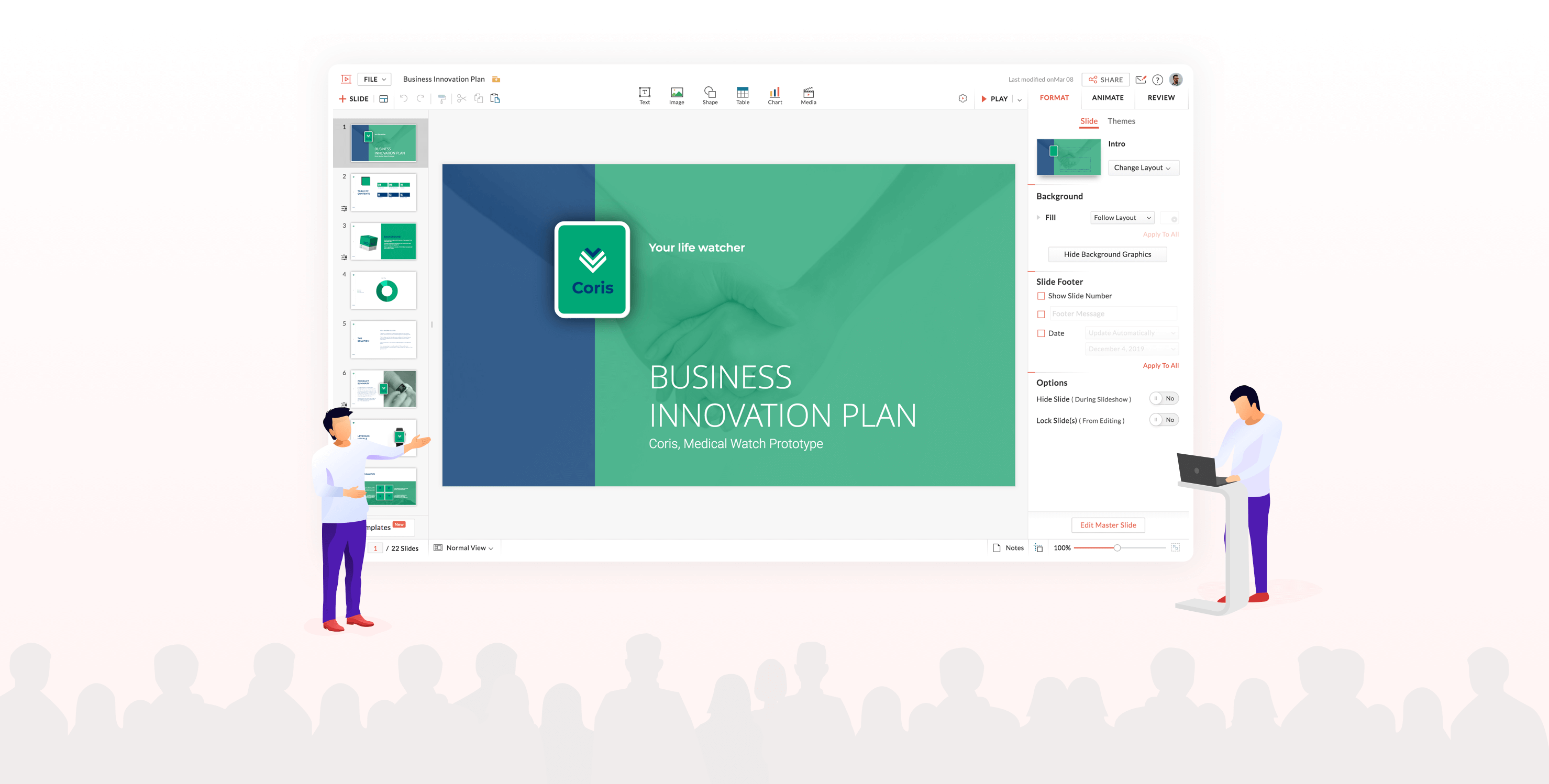 Presentation interface with a slide titled 'Business Innovation Plan