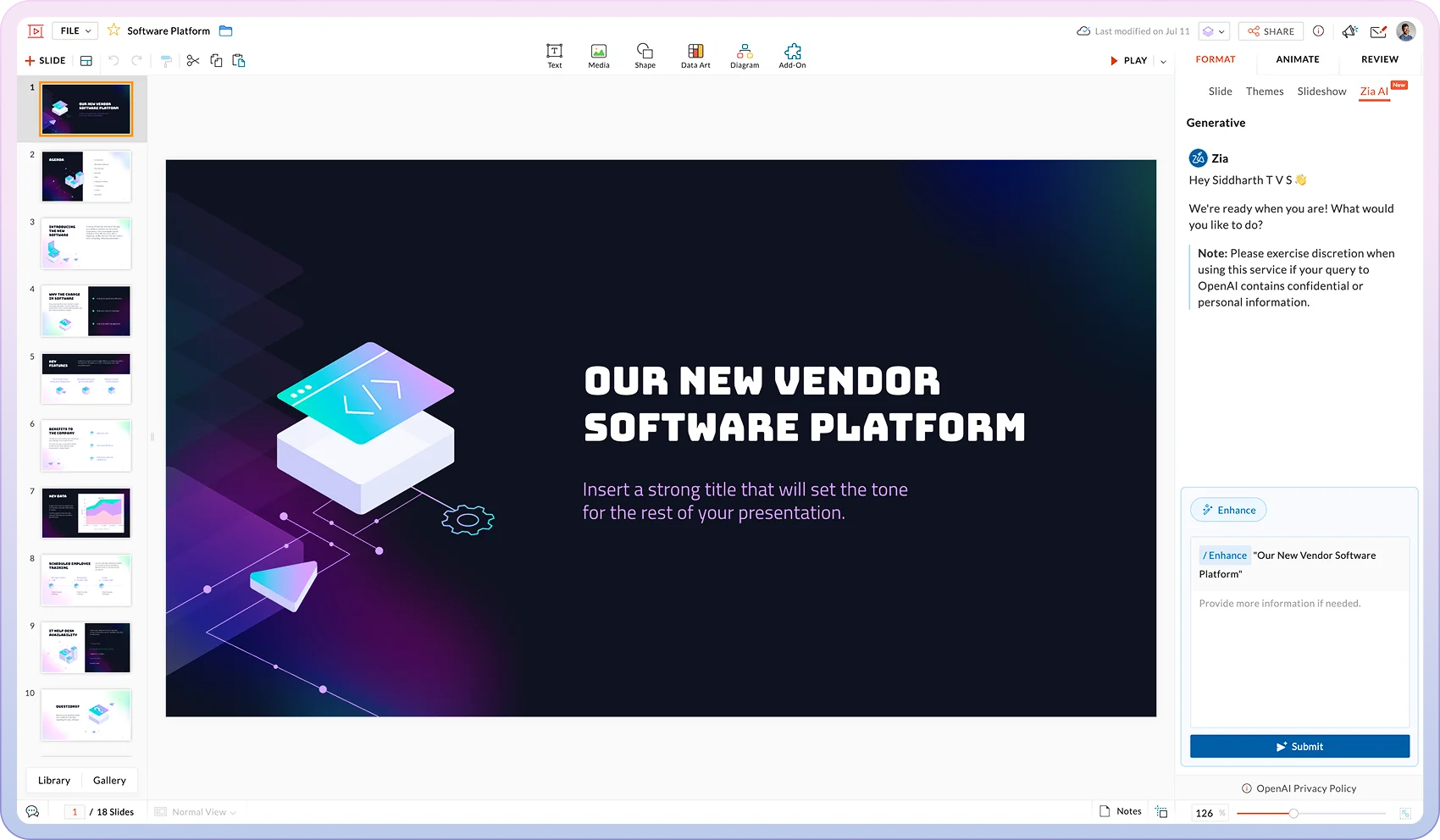 Zia AI assistant interface for creating presentations in Zoho Show