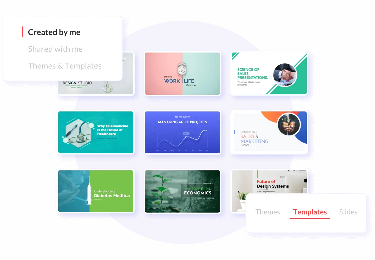 Zoho Show's presentation templates with owner details