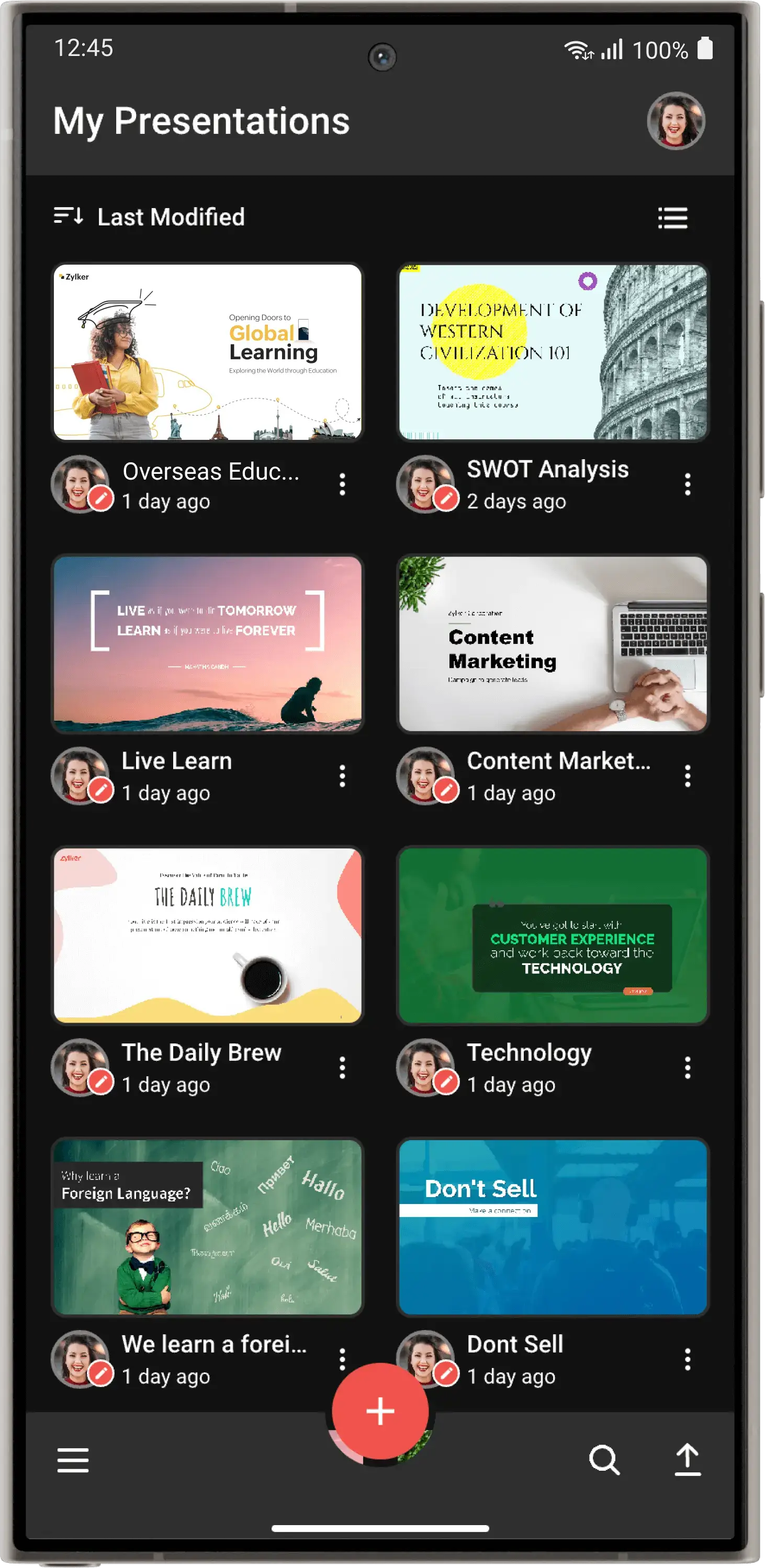 Ein Samsung-Gerät, das die Listenseite von Zoho Show zeigt.