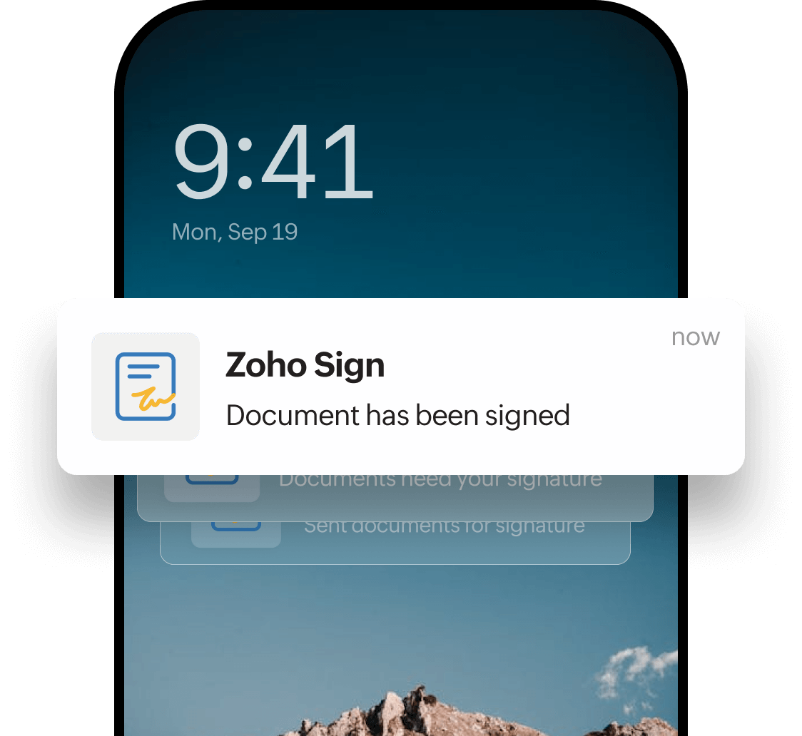 Real-time push notification from Zoho Sign showing document signed