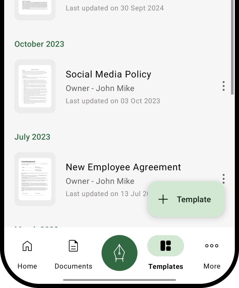 Reusable document templates list showing Social Media Policy and Employee Agreement
