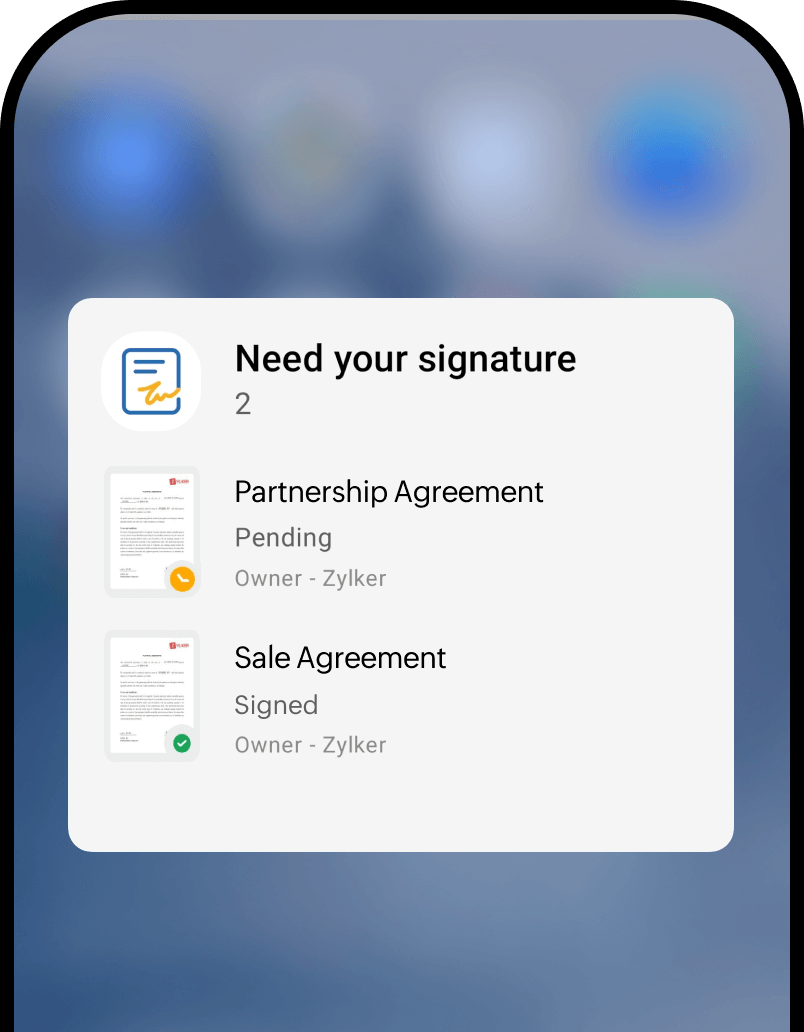 Zoho Sign Android widget showing document tracking list