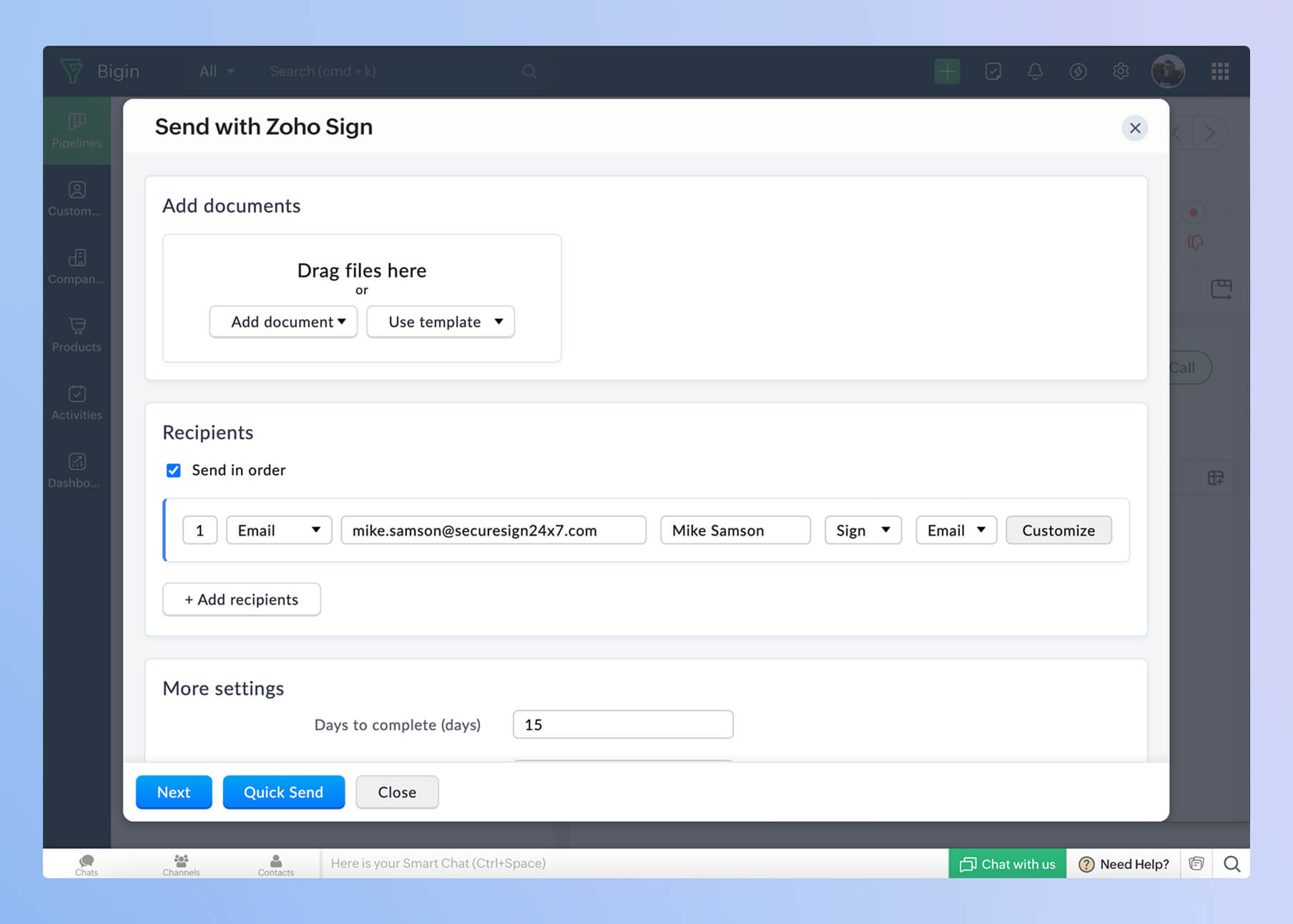 sign integrate with bigin