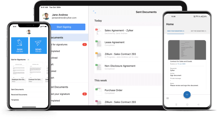 Zoho Sign's mobile app dashboard on iOS, Android, and iPadOS. It displays options for sending, signing, tracking, and managing documents on the mobile app.