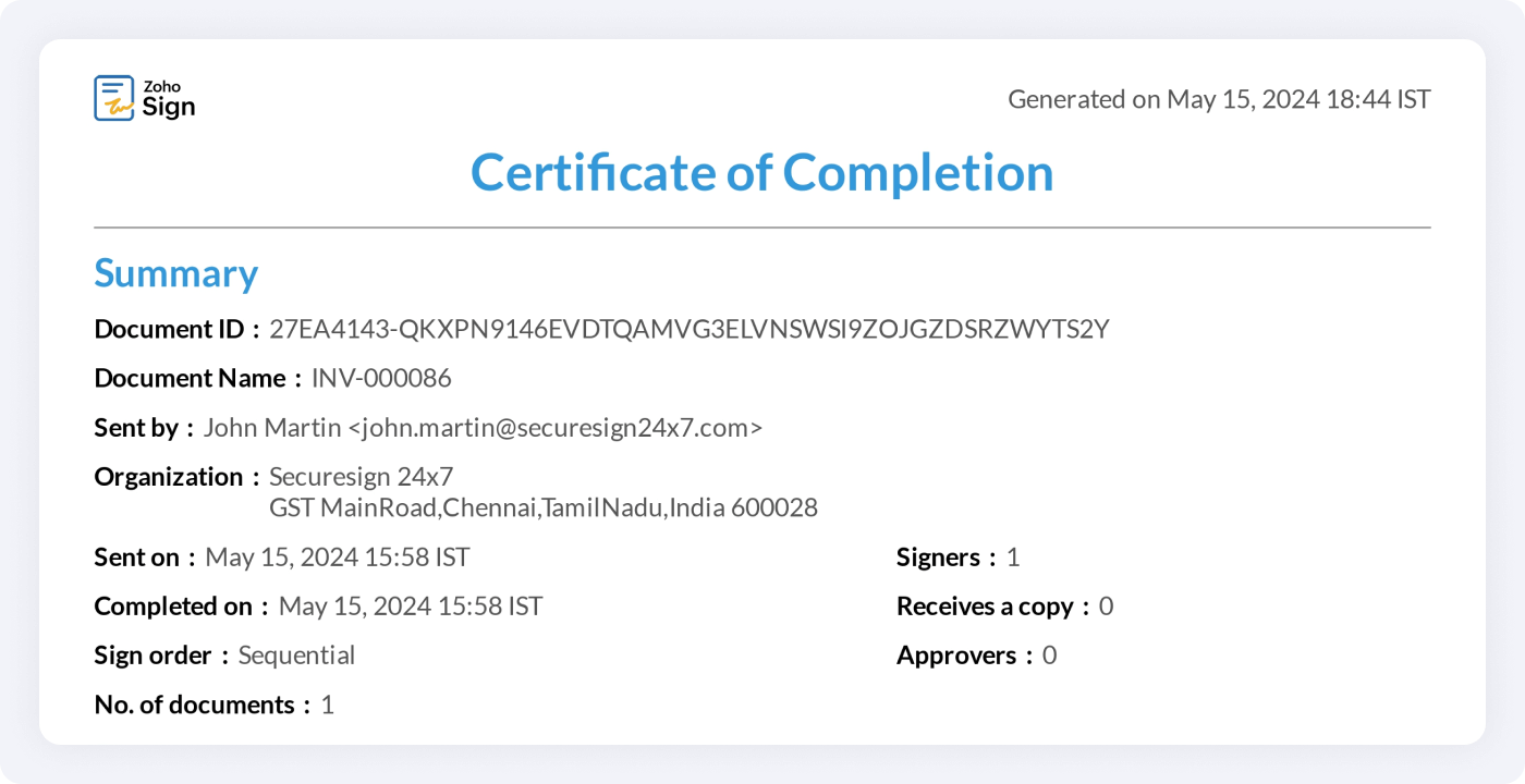 Certificate of completion in Zoho Sign | Secure digital signatures