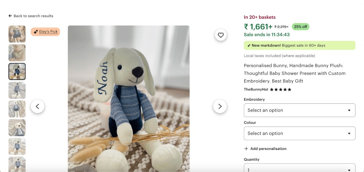 Etsy product page showing buyer reviews and an in-baskets count as social proof
