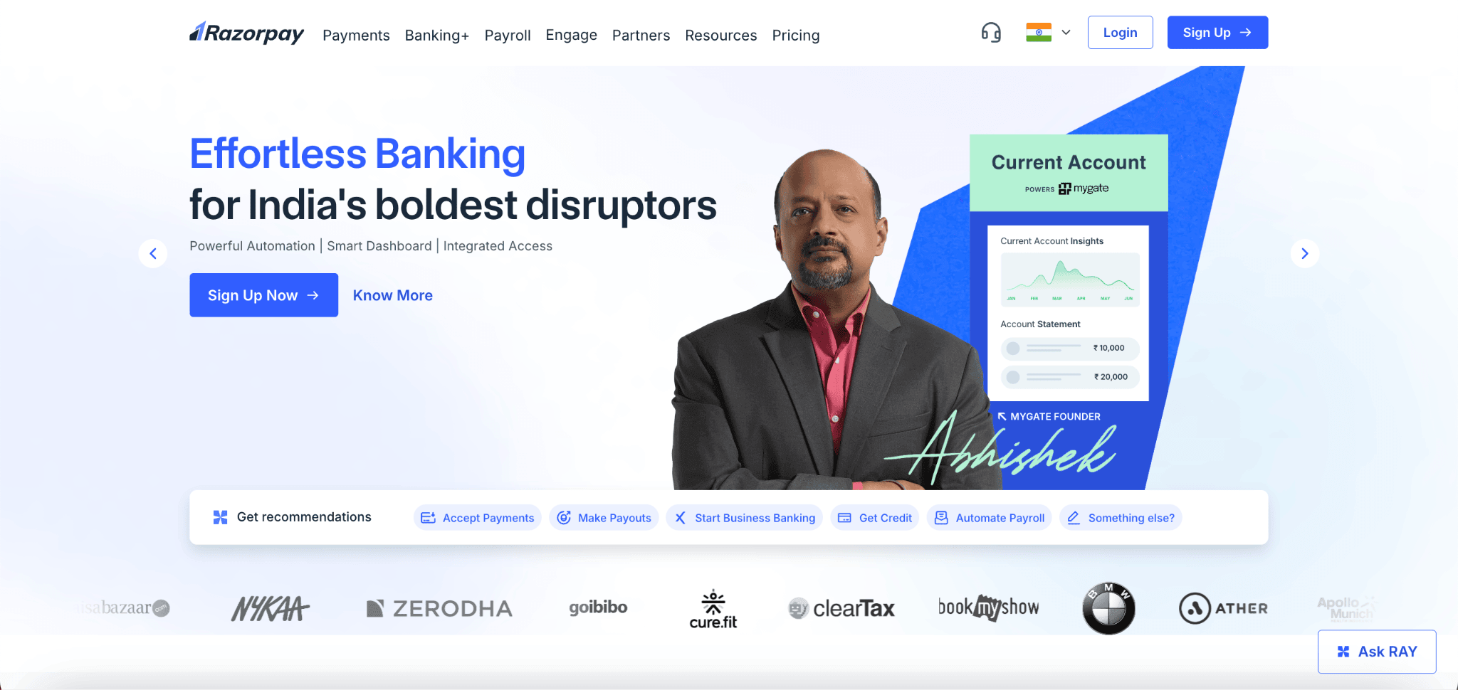 Razorpay homepage carousel of well-known customer logos as social proof