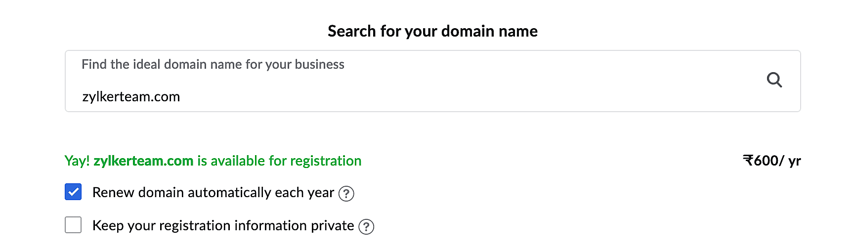 Checking domain availability on Zoho Domains
