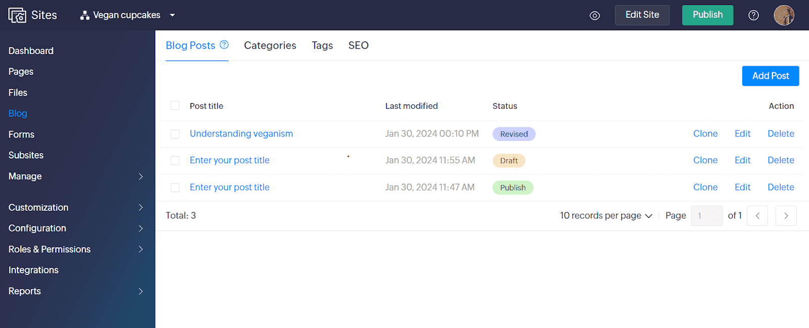 Zoho Sites CMS backend showing built-in SEO fields connected to the website