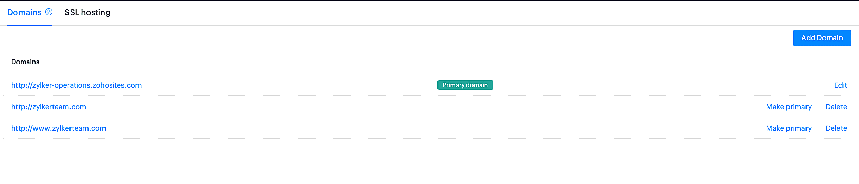Zoho Sites CMS backend showing built-in SEO fields connected to the website