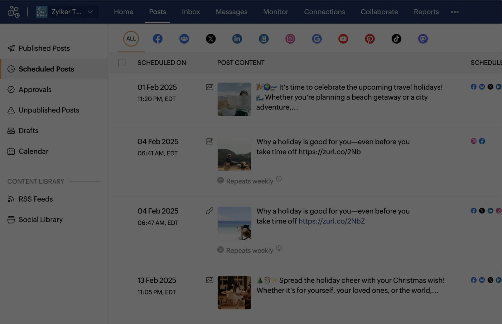 Dashboard of scheduuled posts