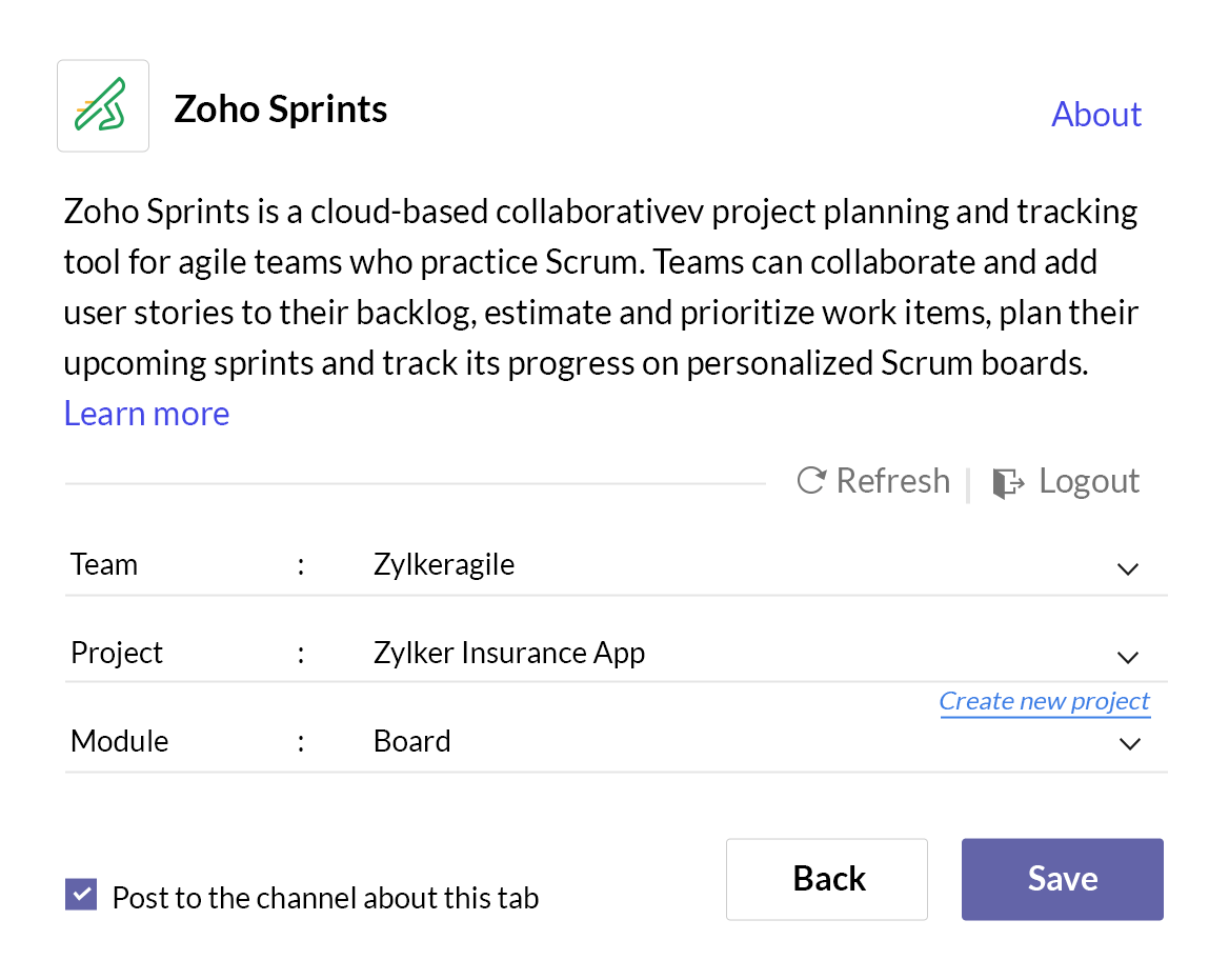 Add Zoho Sprints tab