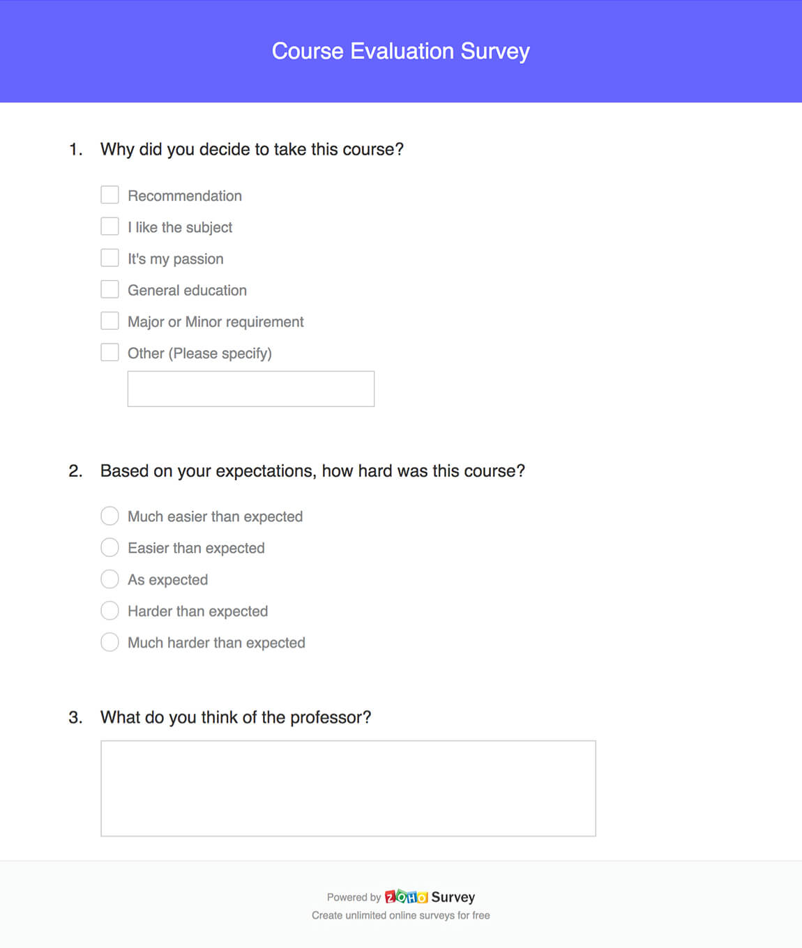 course evaluation survey questionnaire template