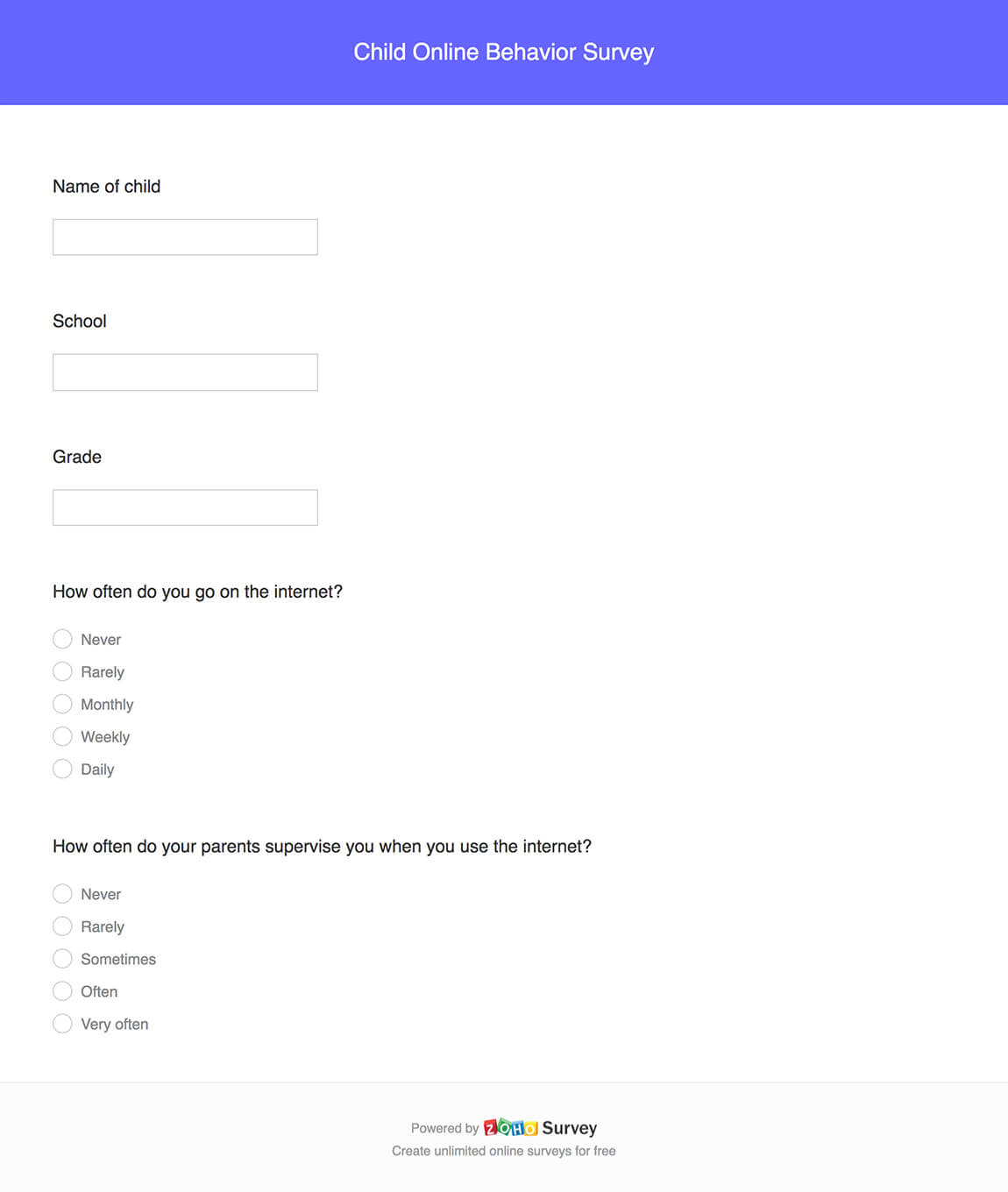 Child online behavior survey questionnaire template