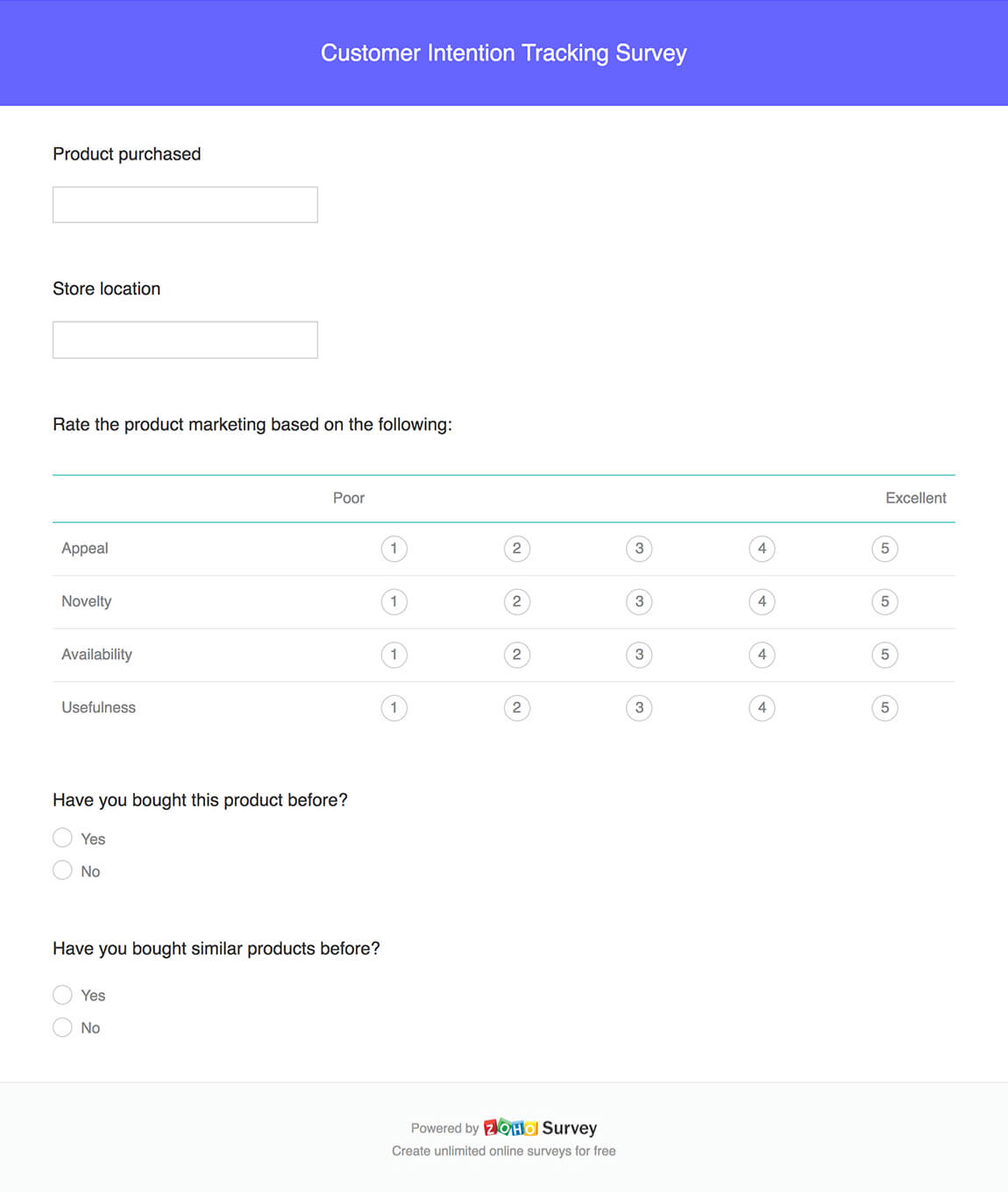 Customer intention tracking survey questionnaire template