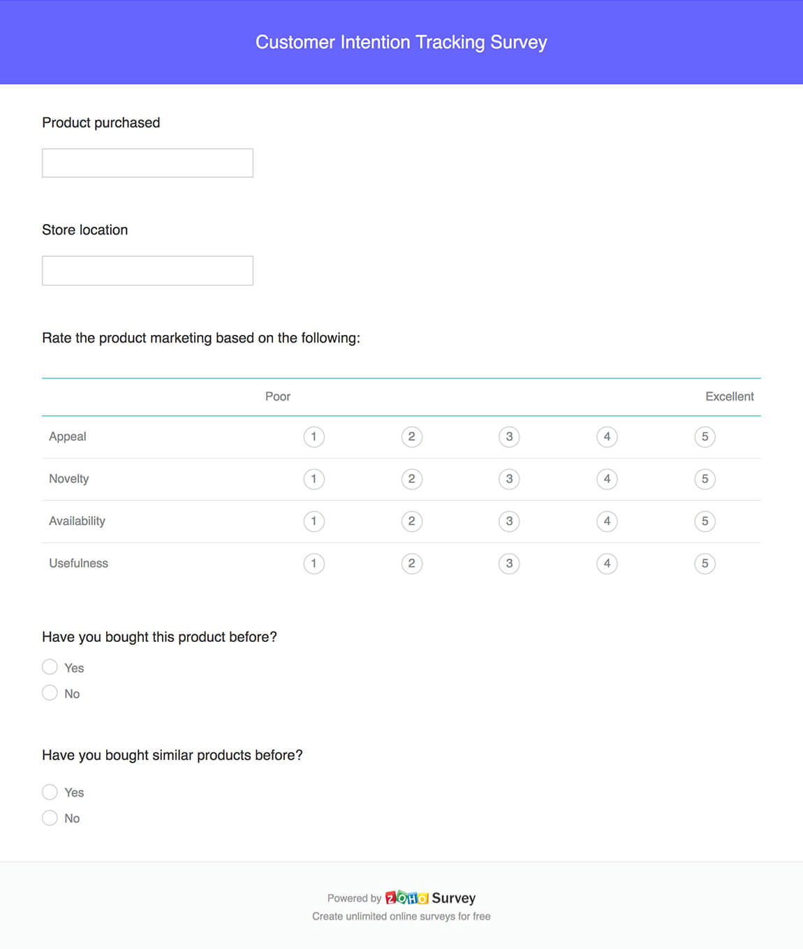 Customer intention tracking survey questionnaire template