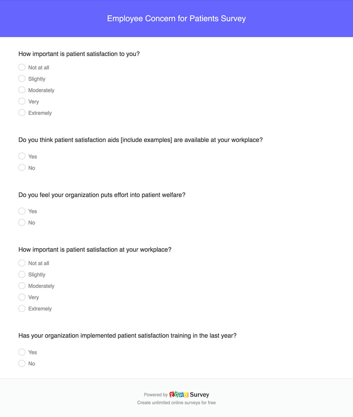 Employee concern for patients survey questionnaire template